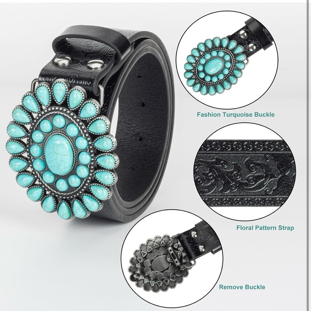 Black and Blue Belt with Turquoise Concho Buckle - Picture 2 of 6